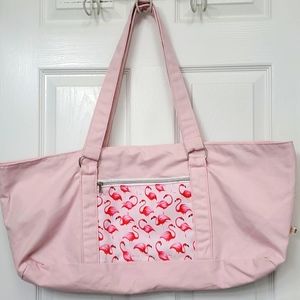 Pink flamingo print insulated beach tote with zippered pockets in & out